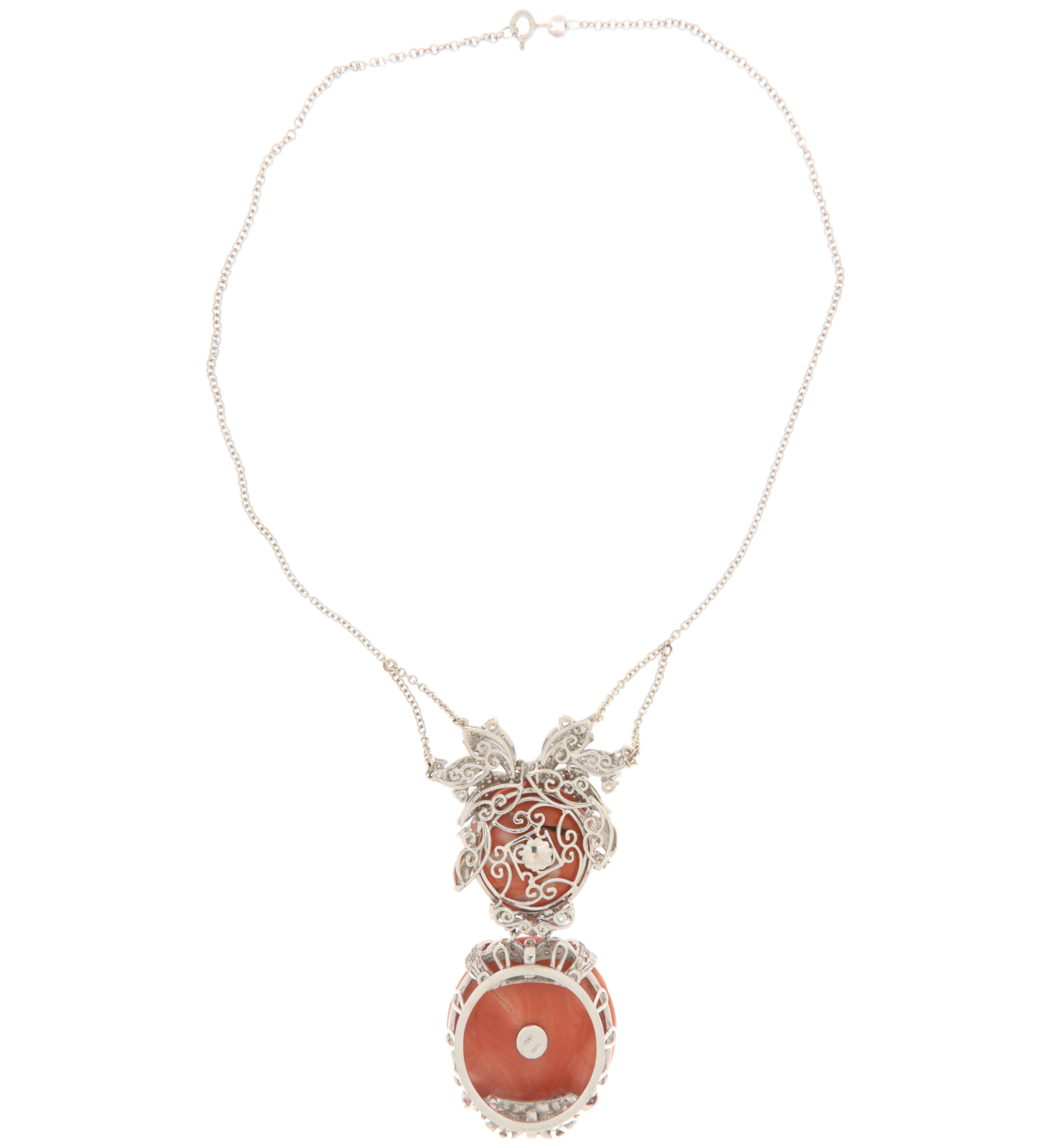 Women's or Men's Handcraft Coral 18 Karat White Gold Diamonds Pendant Necklace For Sale