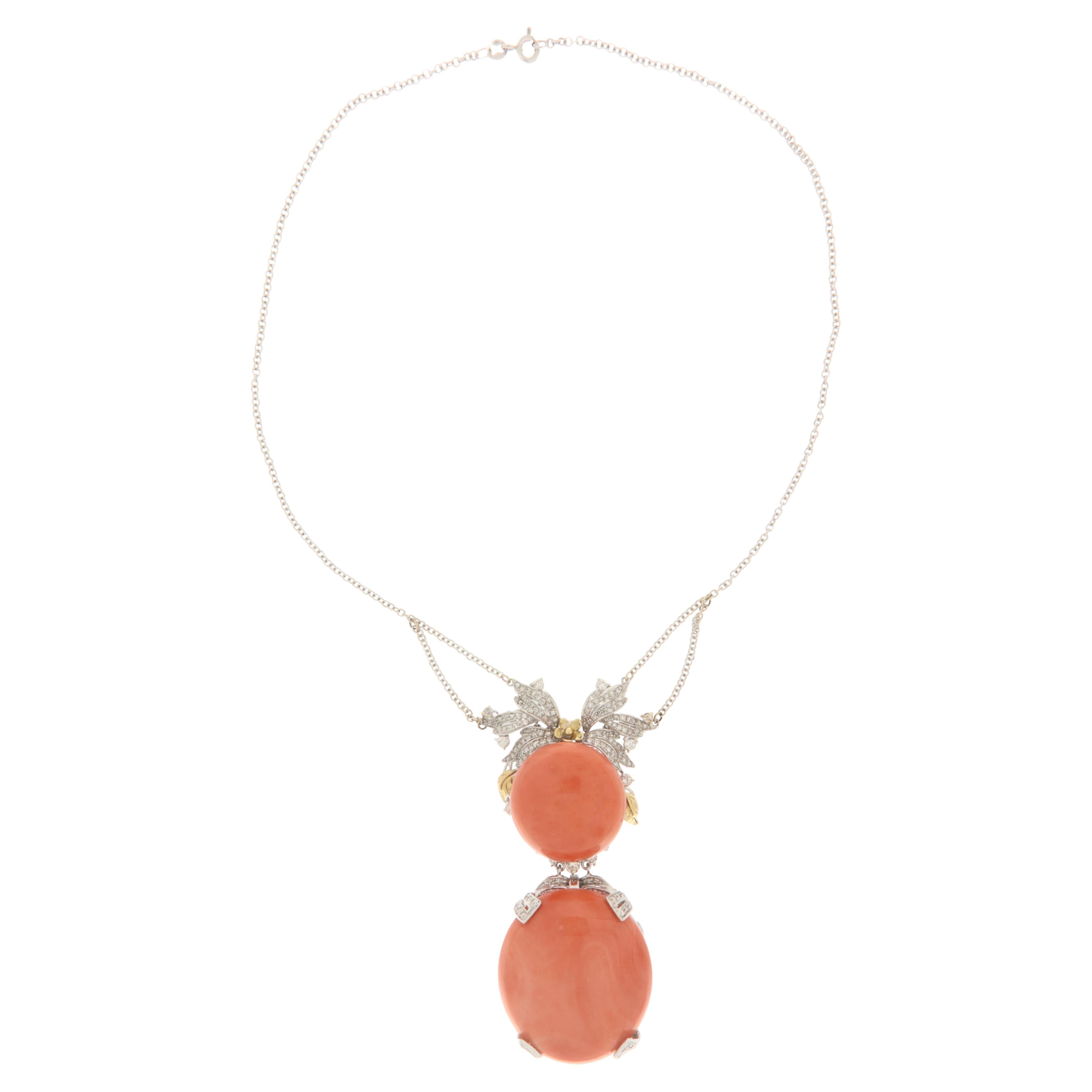 Handcraft Coral 18 Karat White Gold Diamonds Pendant Necklace