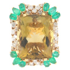 Contemporary Brown Citrine, Emerald, & Diamond Cocktail Ring in 18k Yellow Gold