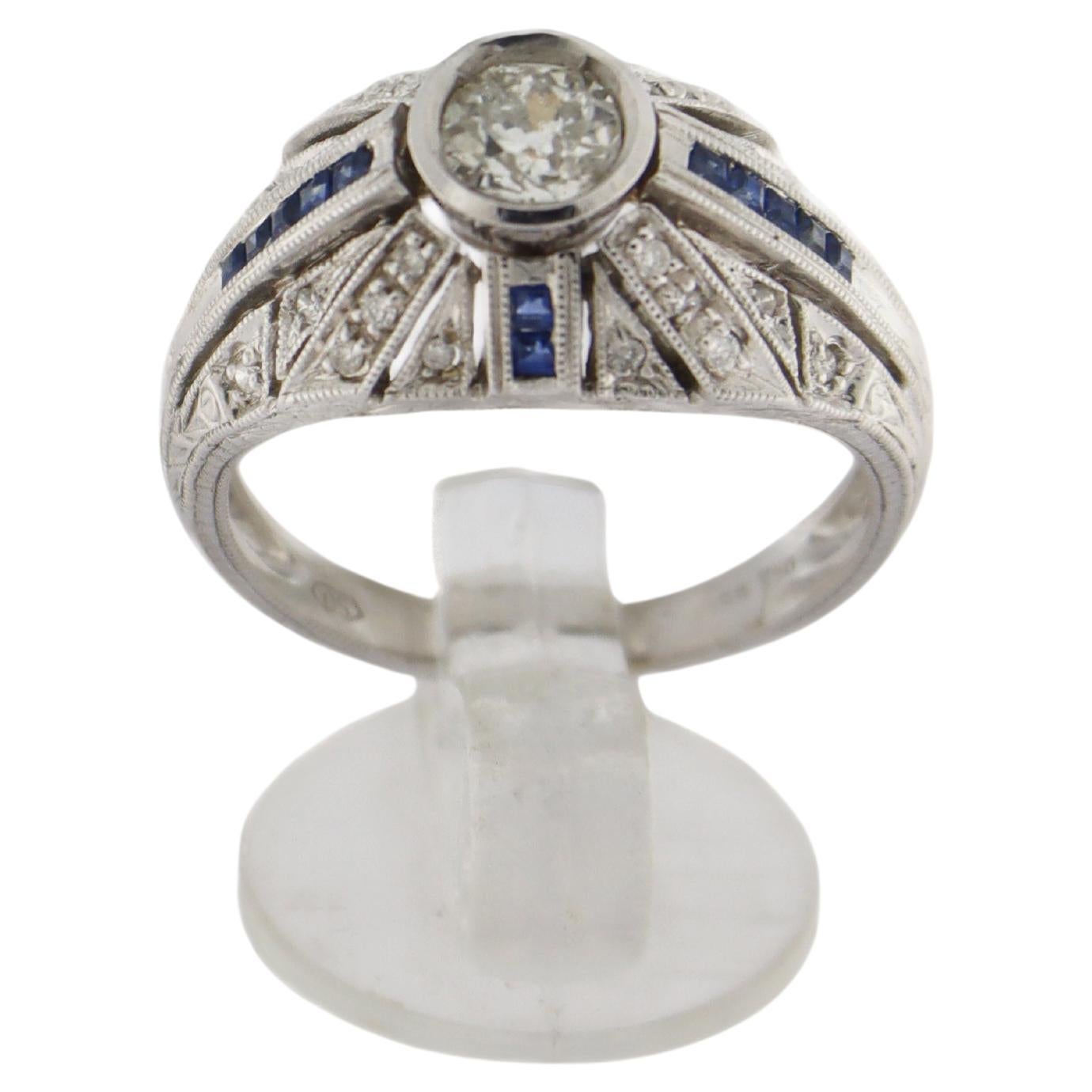 Handcraft 18 Karat White Gold Diamonds Sapphires Cocktail Ring For Sale