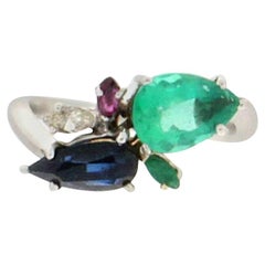 Handcraft Diamonds Platinum Emerald Sapphire Drops Cocktail Ring (bague cocktail émeraude saphir)