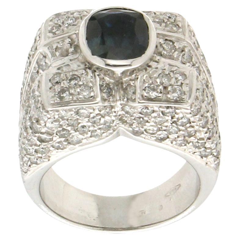 Anillo Cóctel Zafiro Artesanal Oro Blanco 18 Kilates Diamantes
