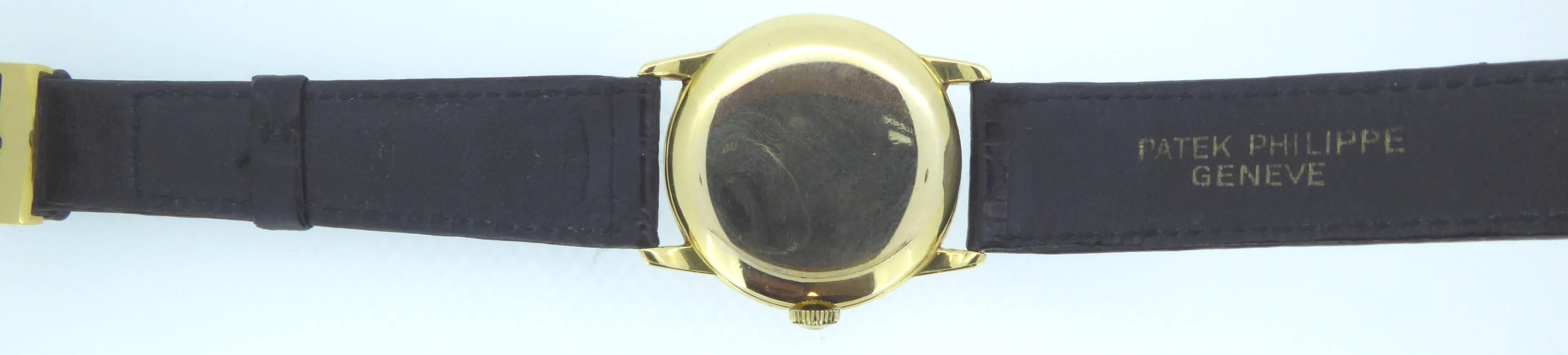 Gentleman’s 18ct yellow gold Calatrava wristwatch by Patek Philippe, 1938. The signed silvered dial with baton hour markers, subsidiary seconds dial at numeral 6 and gilt hands, within stepped bezel, the manual wind movement signed and numbered
