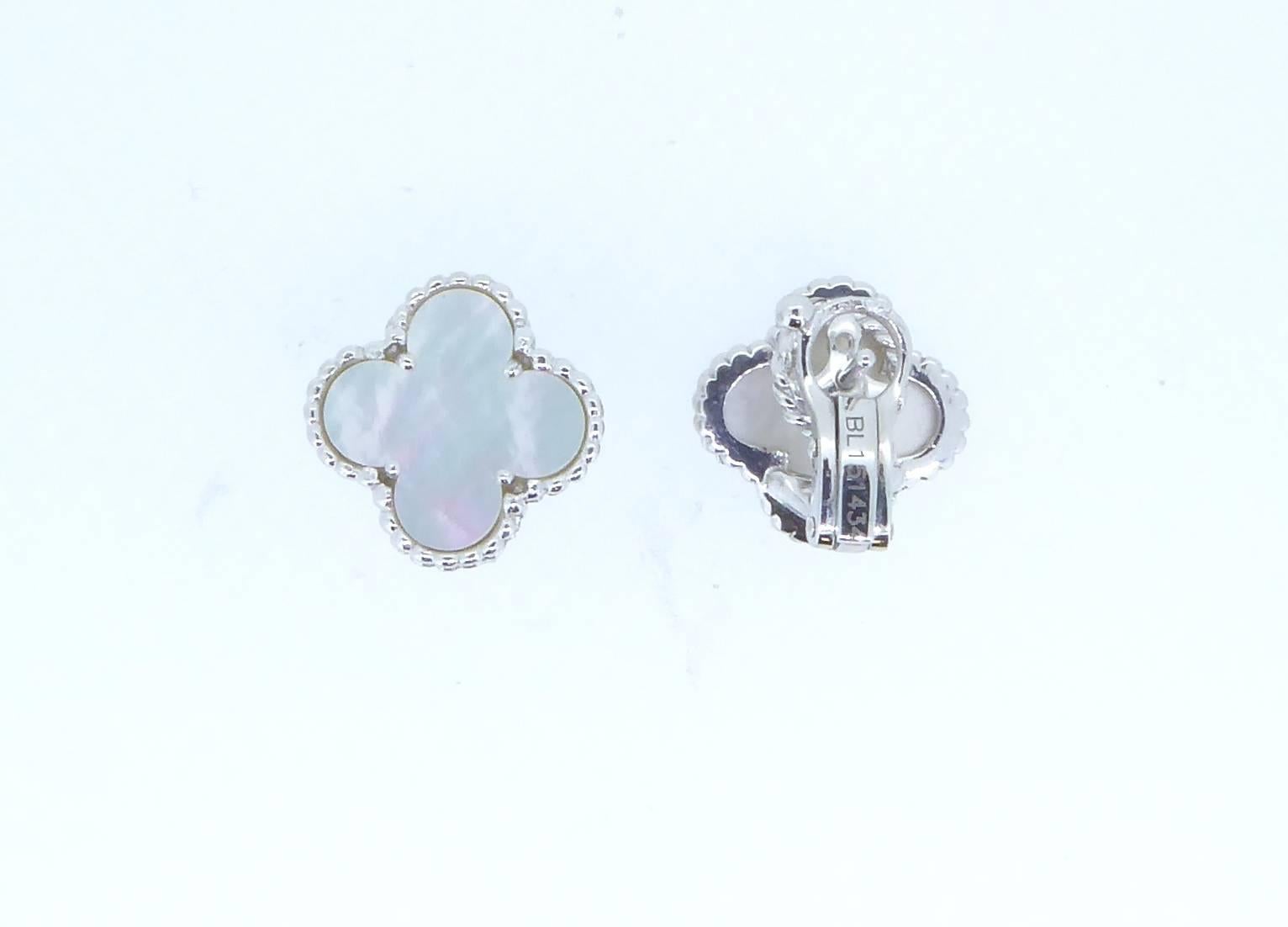 Van Cleef & Arpels Alhambra Mother-of-Pearl and 18 Carat White Gold Ear Clips In Excellent Condition In London, GB