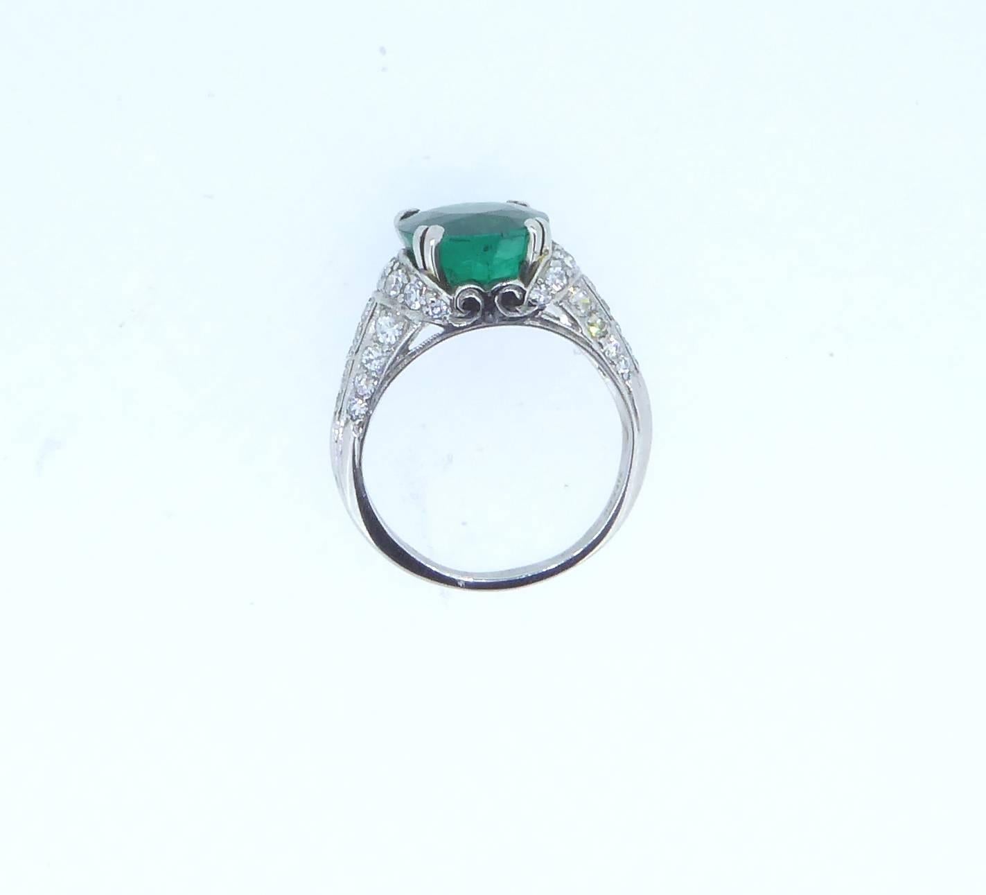 Cushion Cut Tiffany & Co. 3.18 Carat Colombian Emerald and Diamond Platinum Art Deco Ring