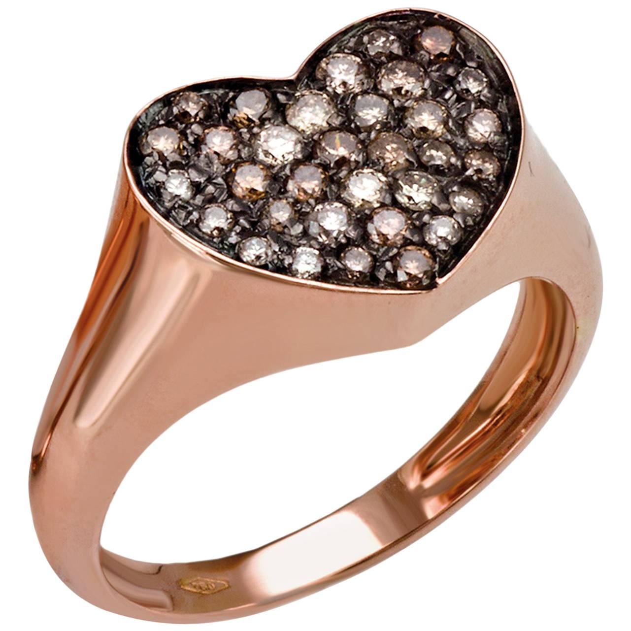 18 Kt Rose Gold and Champagne Diamonds Heart Shaped Ring For Sale
