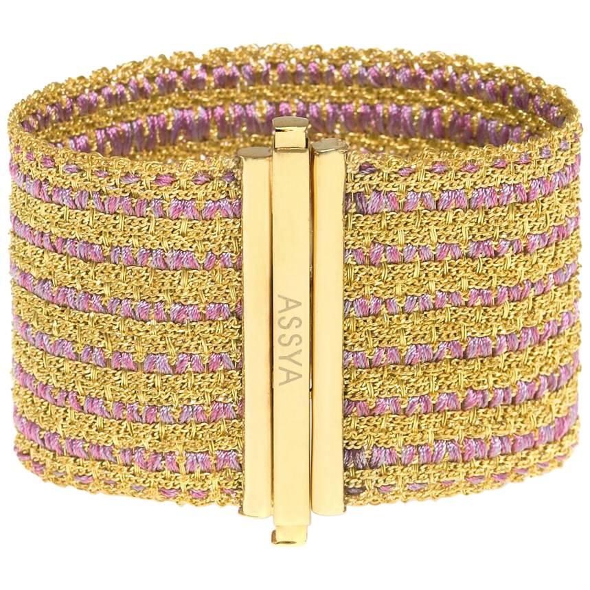 Gold Vermeil  with Pink and Gold Stripe Silk Woven Cuff Bracelet For Sale