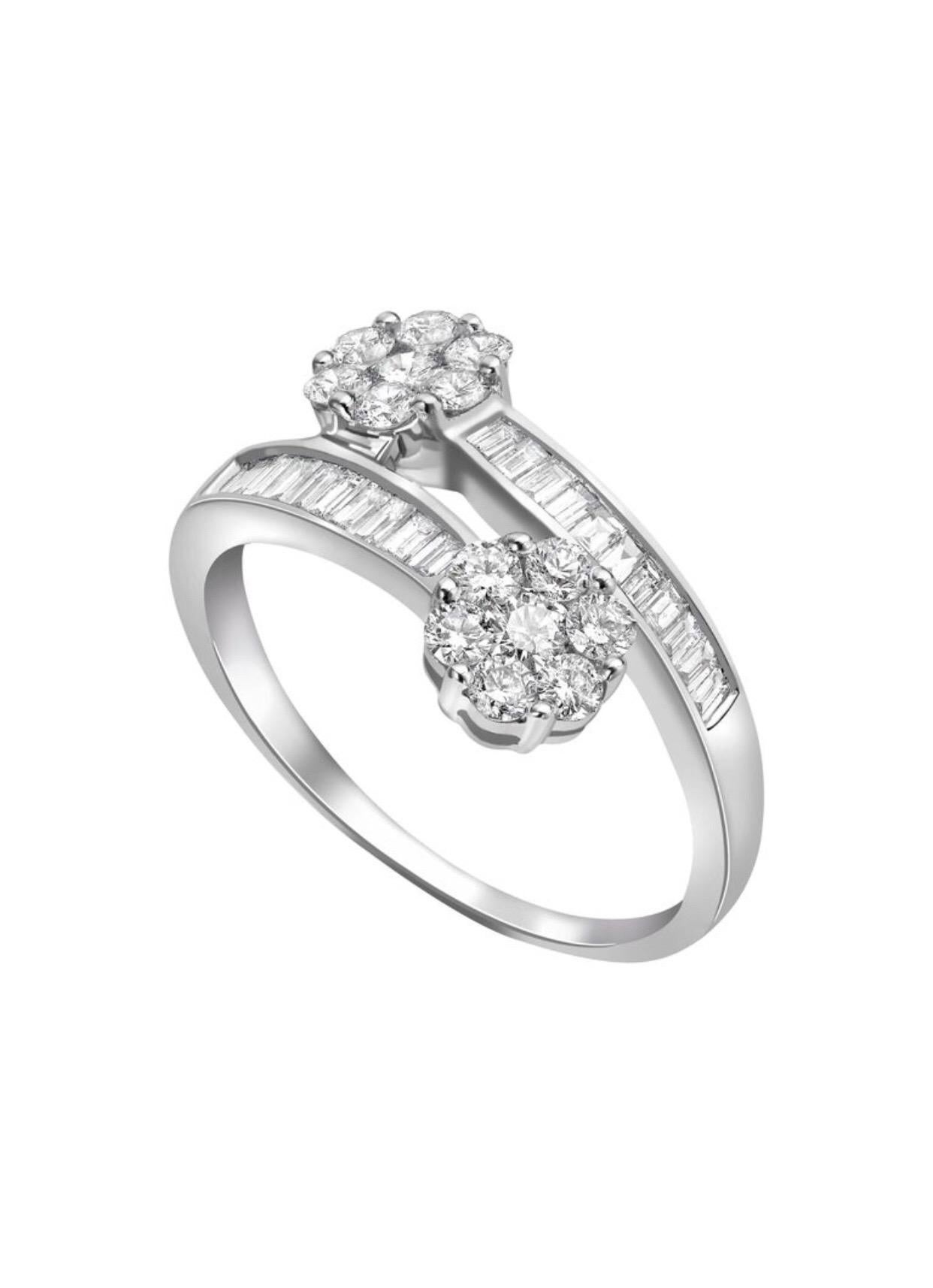Women's 0.50 Carat Diamond Twist Baguettes Cluster 18 Karat White Gold Engagement Ring For Sale