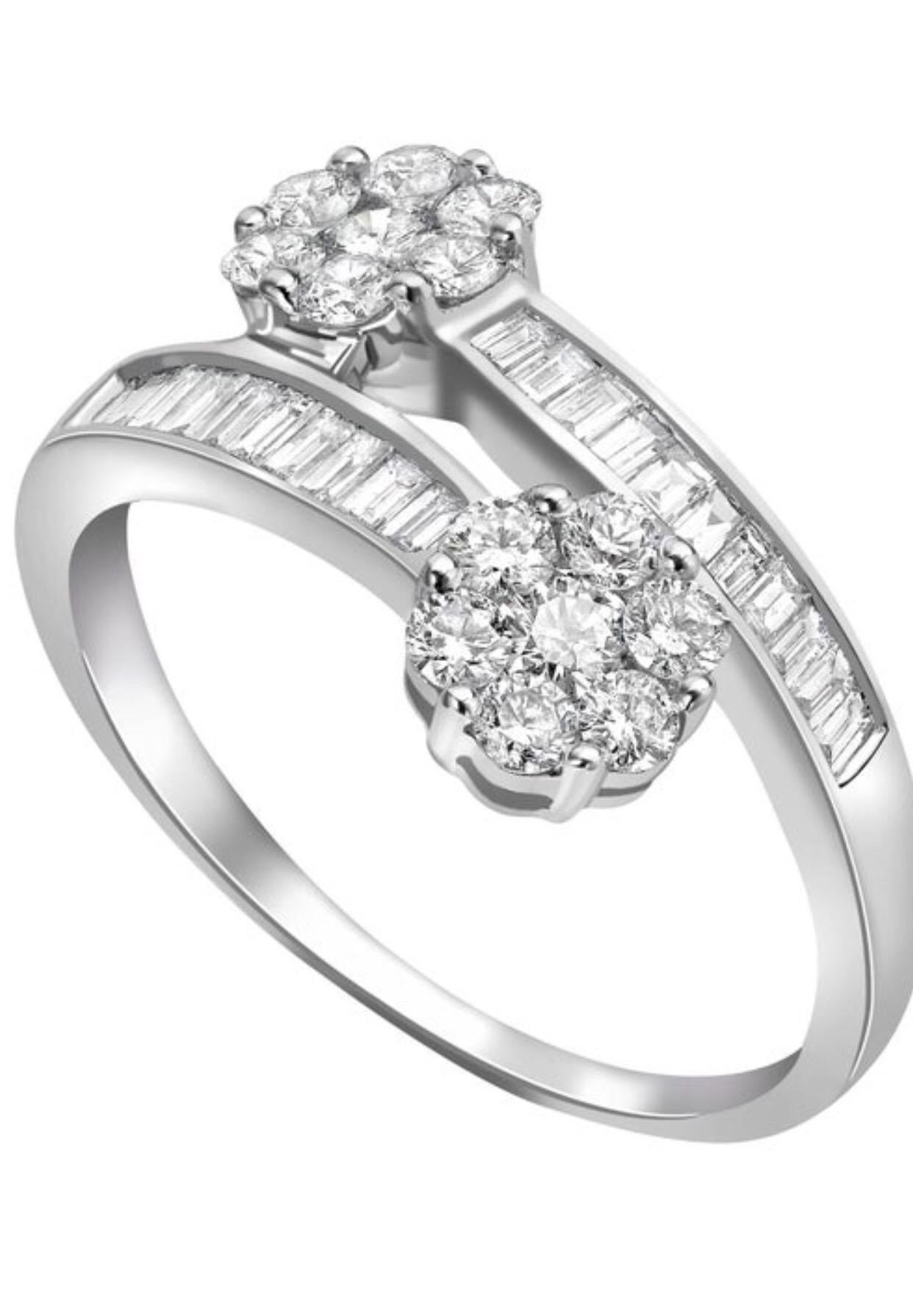 0.50 Carat Diamond Twist Baguettes Cluster 18 Karat White Gold Engagement Ring For Sale 1
