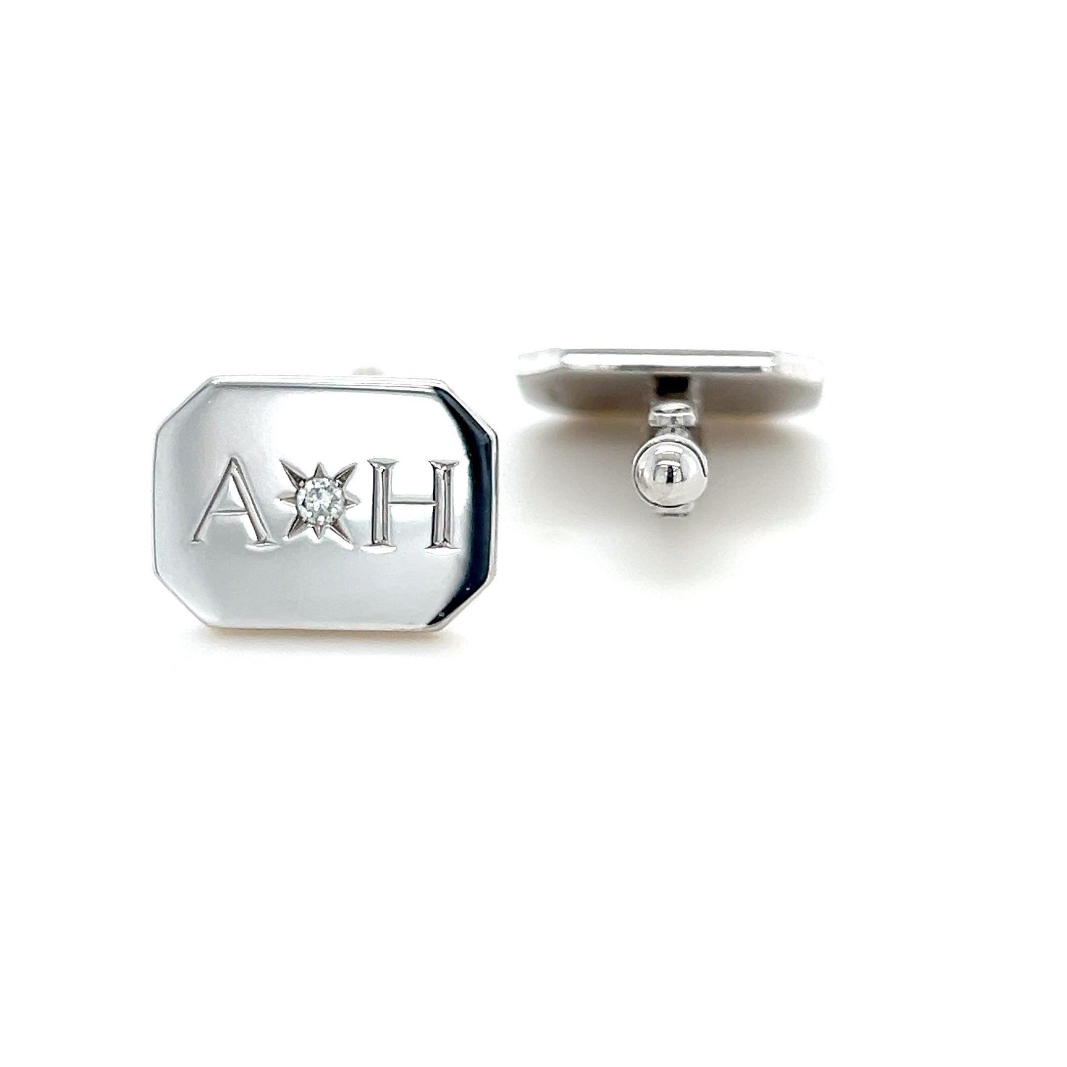 We believe in creating your own unique look by creating your own style.  These cufflinks are completely bespoke and exquisite for the discerning gentleman. Expertly hand crafted in solid 18 karat white gold and hand engraved to your specification.