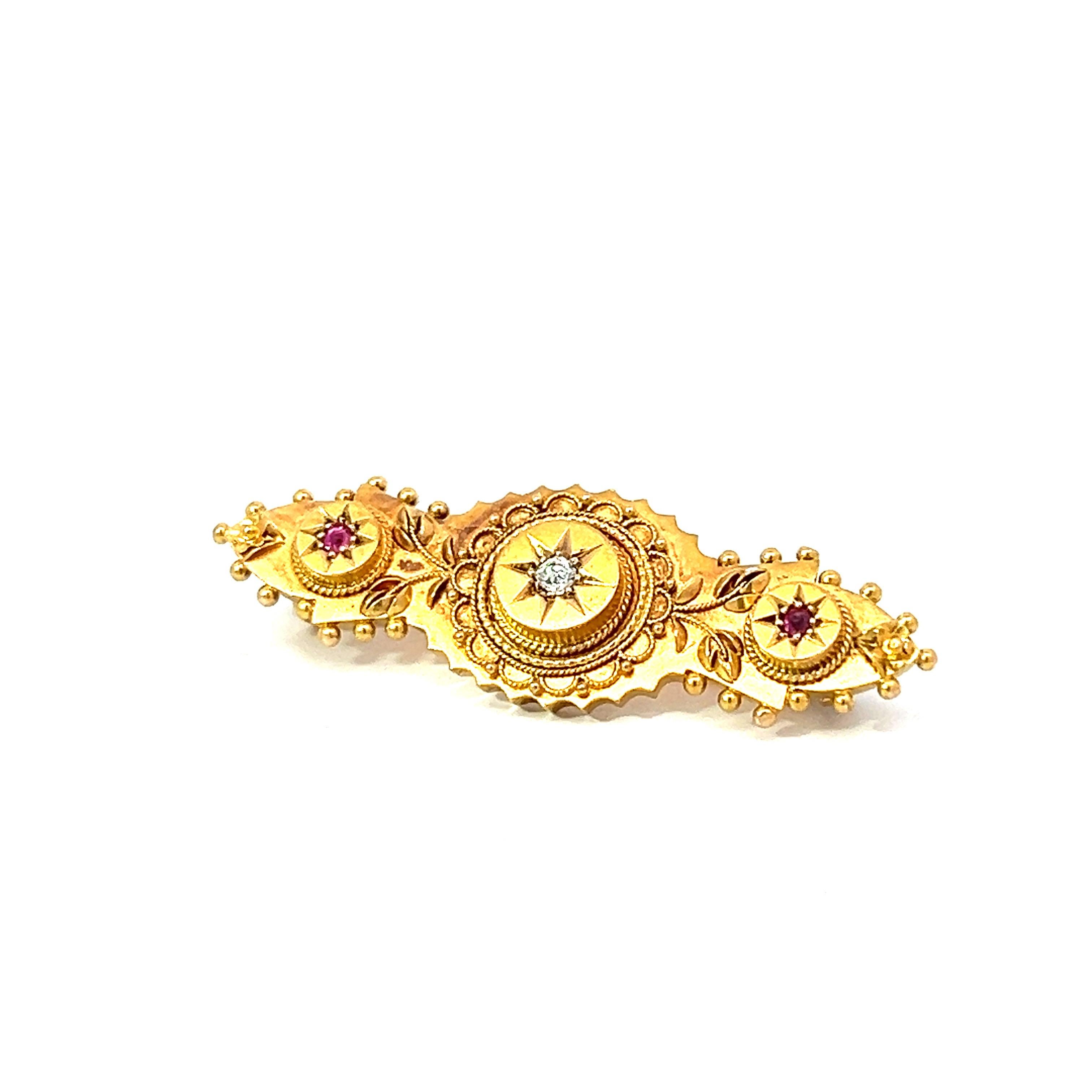 Antique Victorian Ruby 0.10 Carat Diamond 15 Karat Yellow Gold Vintage Brooch For Sale 11