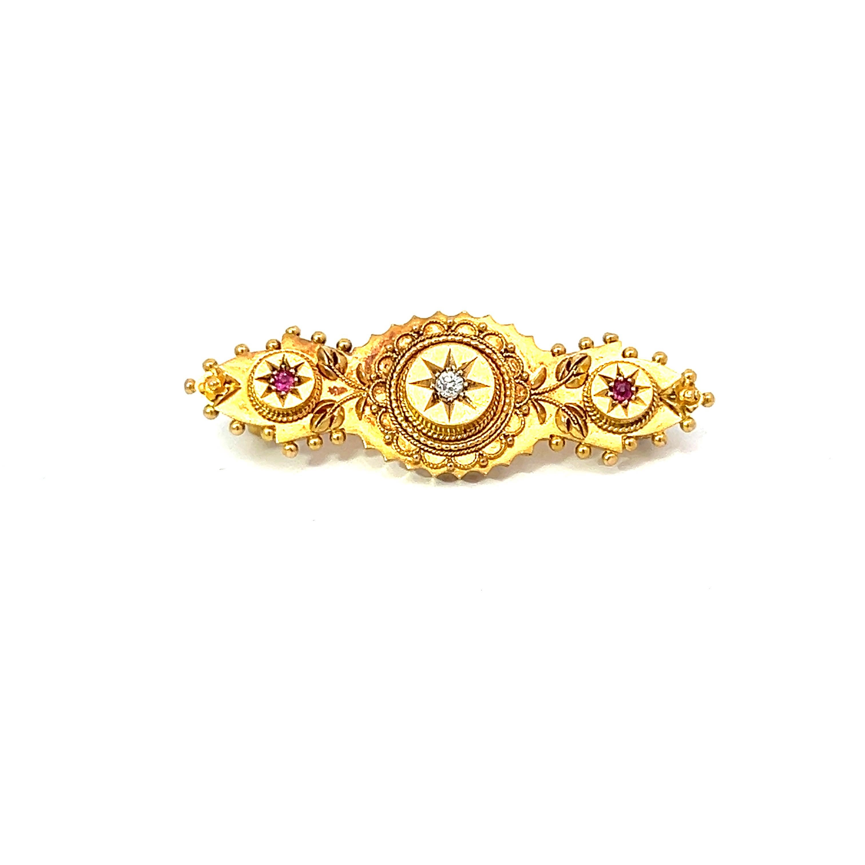 Antiker viktorianischer Rubin 0,10 Karat Diamant 15 Karat Gelbgold Vintage Brosche im Angebot 6