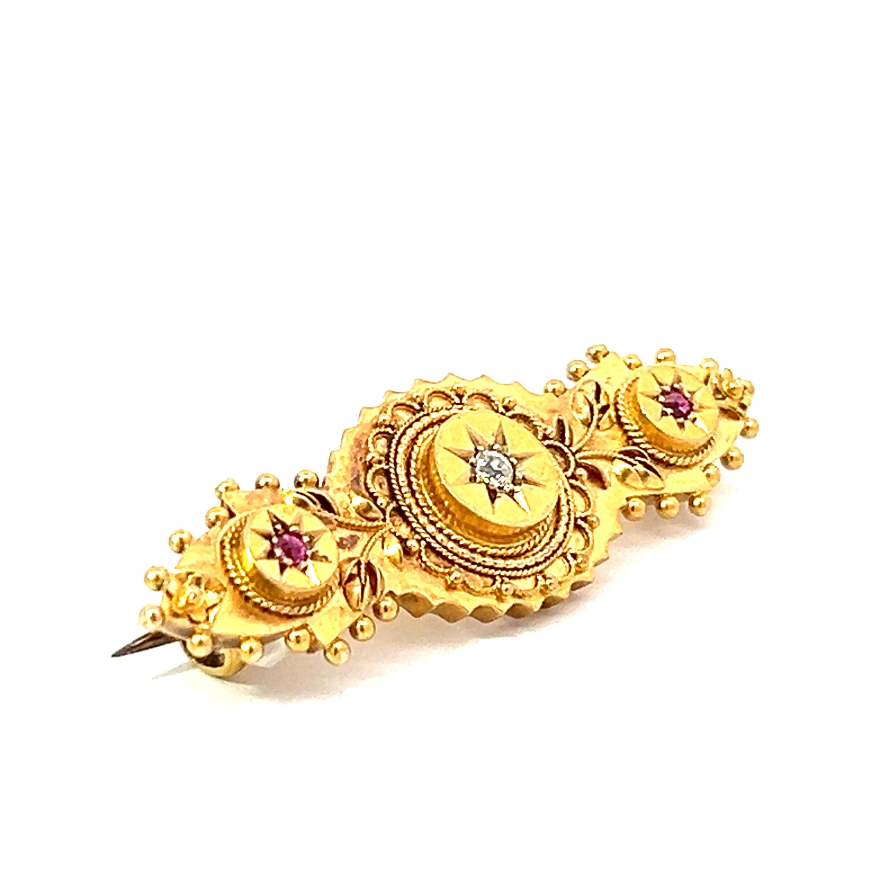 Antique Victorian Ruby 0.10 Carat Diamond 15 Karat Yellow Gold Vintage Brooch For Sale 3