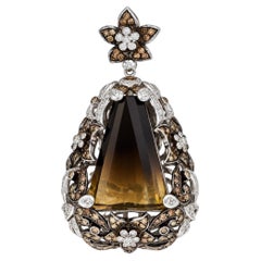 3.70 Carat Diamond 18 Karat White Gold Champagne Smoky Quartz Floral Pendant