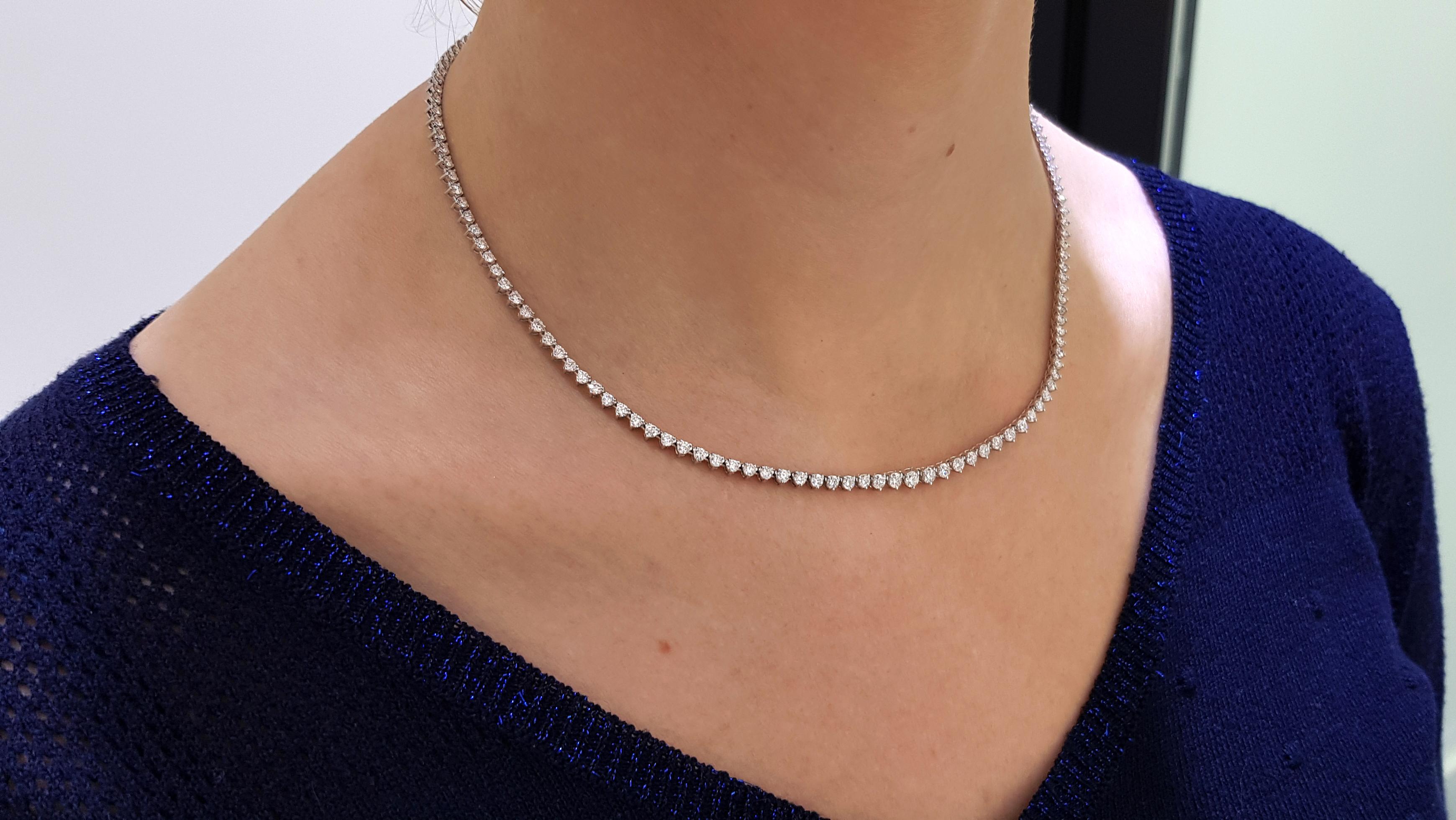 Round Cut 5.00 Carat Diamond Riviera Three Claws 18 Karat White Gold Tennis Line Necklace