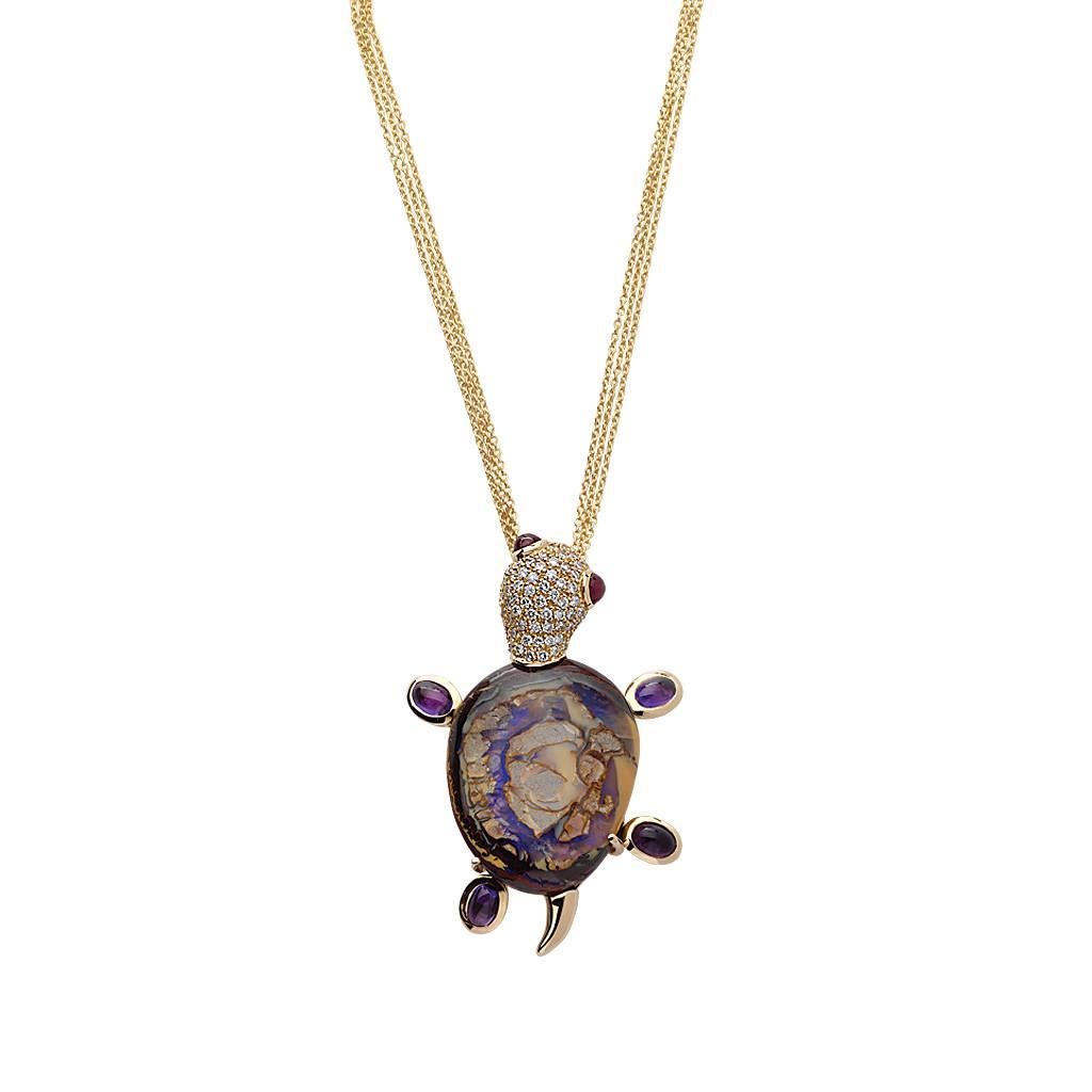 Women's or Men's Monseo Opal, Amethyst and Ruby Yellow Turtle Yellow Gold Brooch For Sale