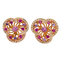 Monseo Pink and Purple Sapphires and Diamonds Flower Gold Earrings