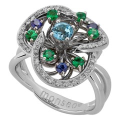 Monseo Blue Topaz, Tsavorites, Sapphires and Diamond Floral White Gold Ring