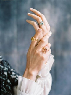 Monseo Yellow Diamond, Mandarin Garnet and Brown Diamonds Flower Gold Ring