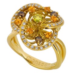 Monseo Yellow Diamond, Mandarin Garnet and Brown Diamonds Flower Gold Ring