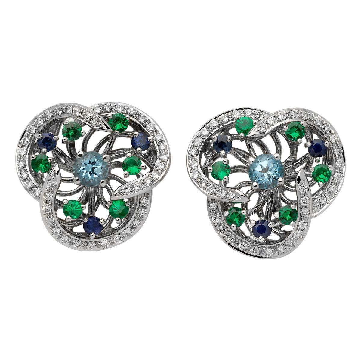 Monseo Blue Topaz, Tsavorites, Sapphires and Diamonds Floral White Gold Earrings For Sale