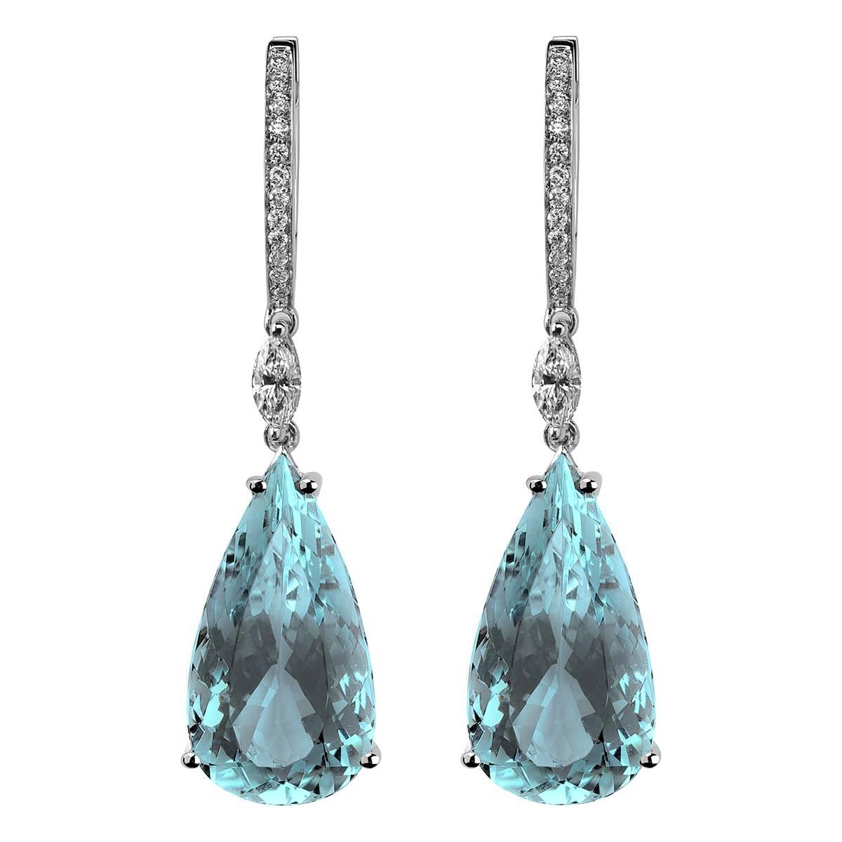 Monseo Pear Shape Aquamarine Diamond Gold Drop Earrings For Sale