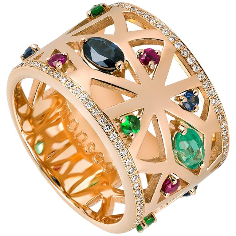 Monseo Rose Gold Sapphire, Ruby, Emerald and Diamonds Band Ring For Sale
