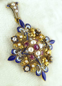 Victorian Holbeinesque Ruby, Pearl, Diamond and Enamel Pendant, circa 1860
