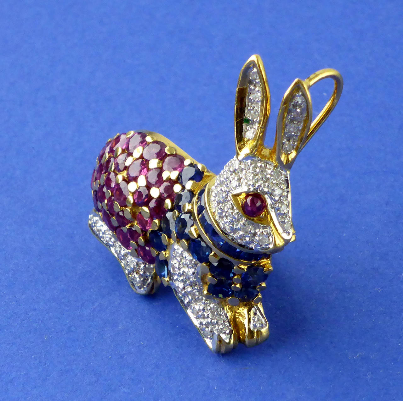 Ruby Sapphire Diamond Gold Rabbit Brooch/Pendant In Excellent Condition In London, GB