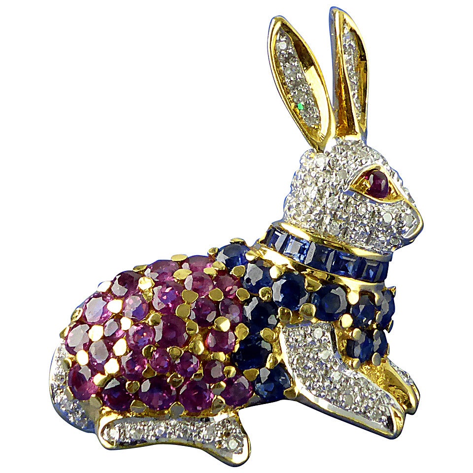 Ruby Sapphire Diamond Gold Rabbit Brooch/Pendant