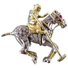 Ruby Diamond Gold Polo Player Brooch circa 1960 12