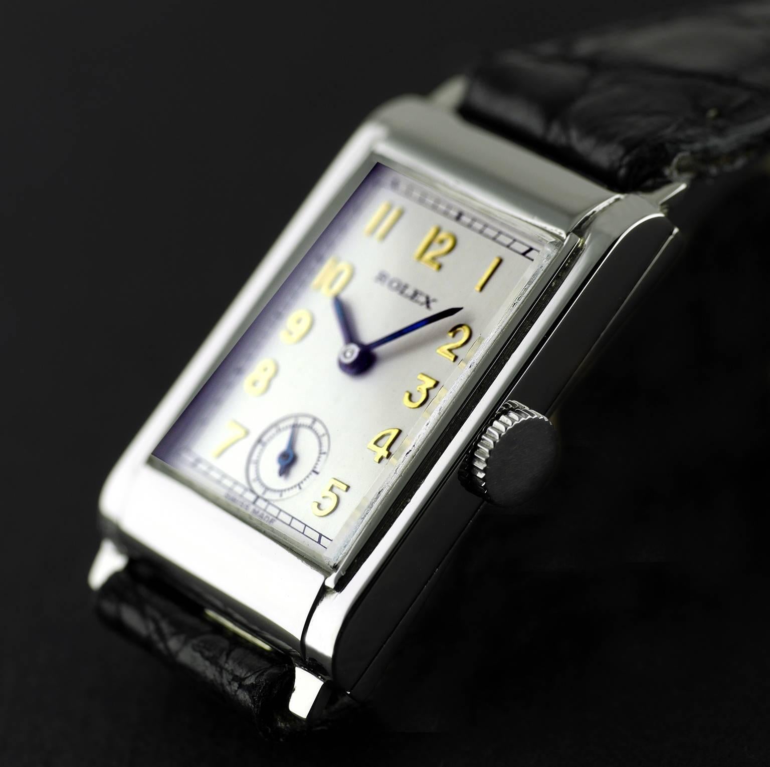 An Art Deco vintage wristwatch by Rolex dated Circa 1930.

Model 1880

Stainless Steel case with stepped sides and overlaid middle panels reminiscent of the Railway locomotive, hence, the colloquial reference of “the Railway” model. Marked “25