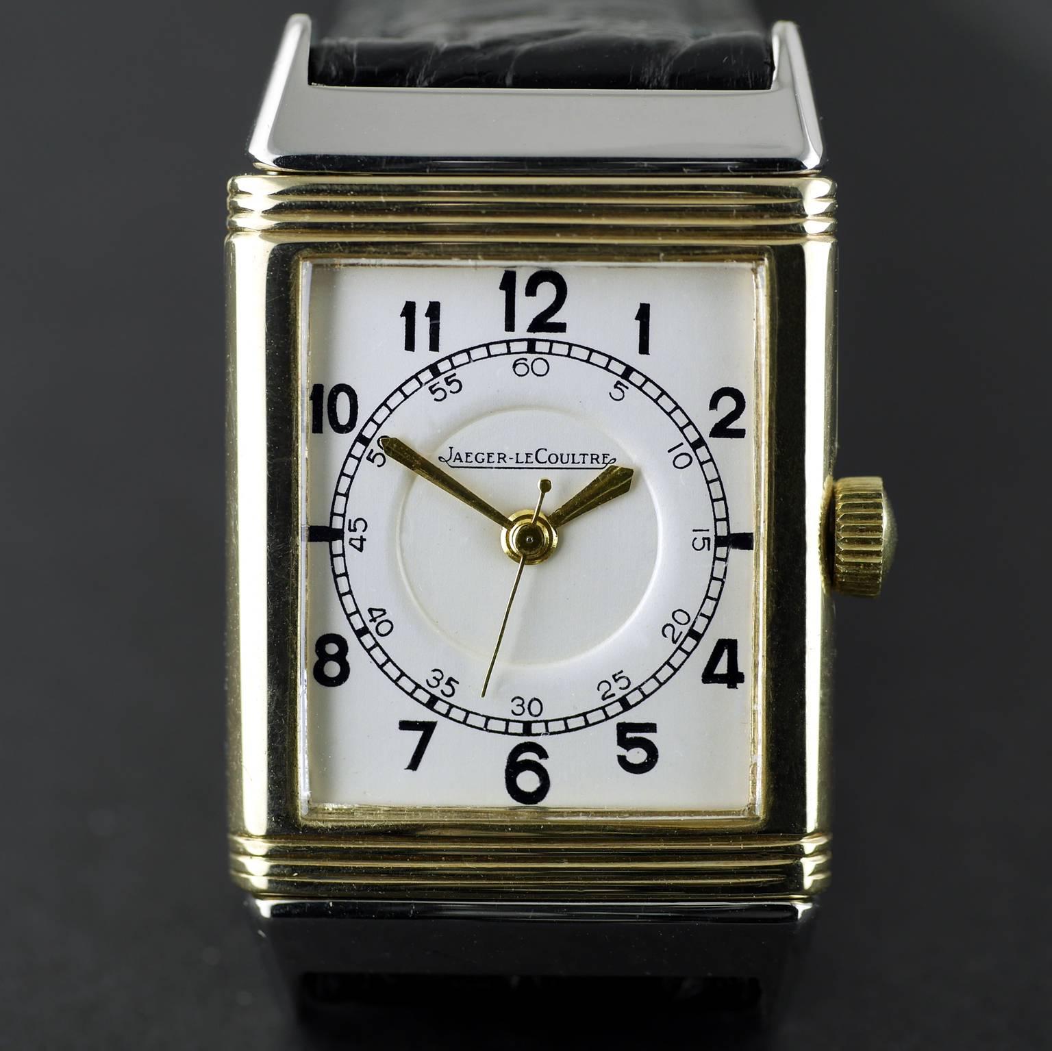 A fine and rare Art Deco Jaeger Le Coultre Reverso wristwatch made in 1937.

The Reverso wristwatch was invented after a chance remark by Polo players in India during the colonial period bemoaning that the glass on their watches was being smashed