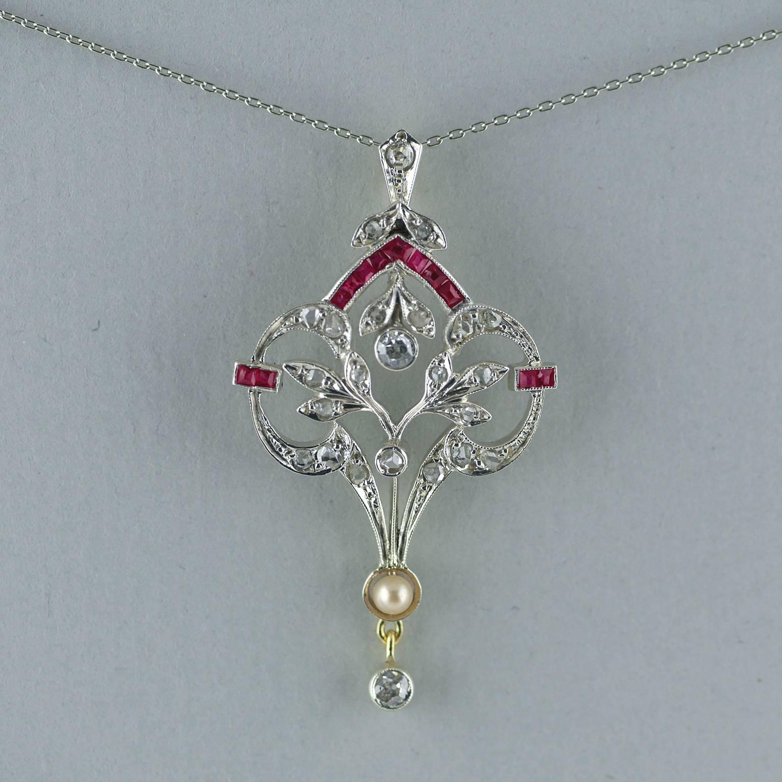 Women's 18 Carat Diamond, Ruby, Pearl, Belle Époque Pendant, circa 1910