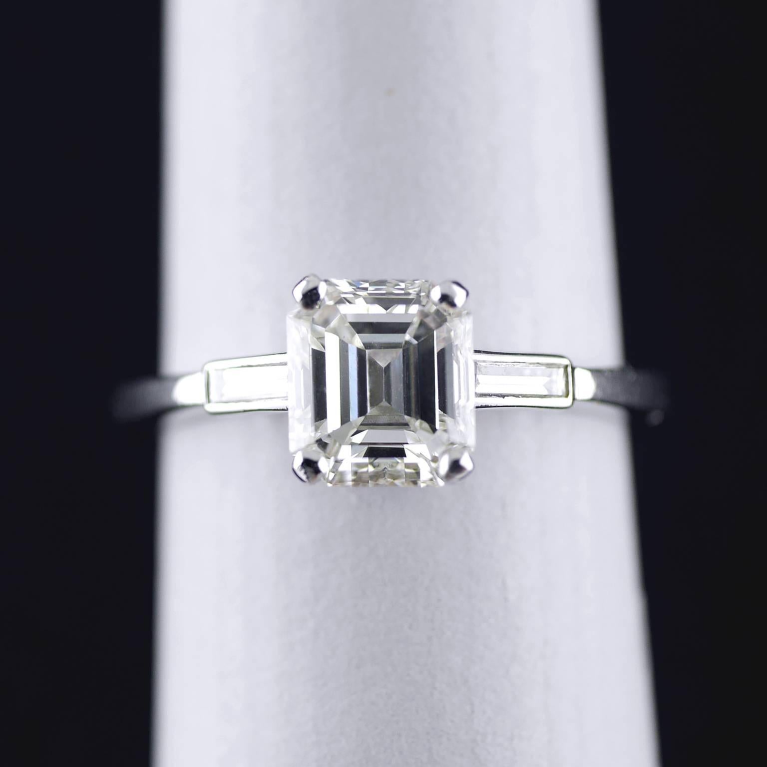 Emerald Cut 1.61 Carat Certified Platinum Art Deco Diamond Ring, circa 1930