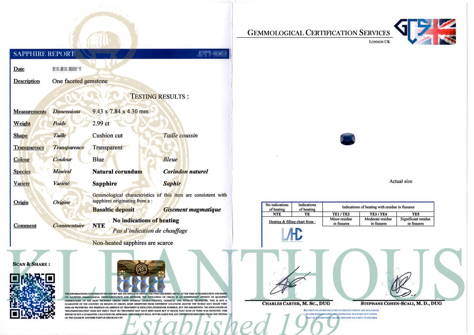 2.99 carat Cushion Cut Certified Untreated Sapphire Platinum Art Deco Ring 3