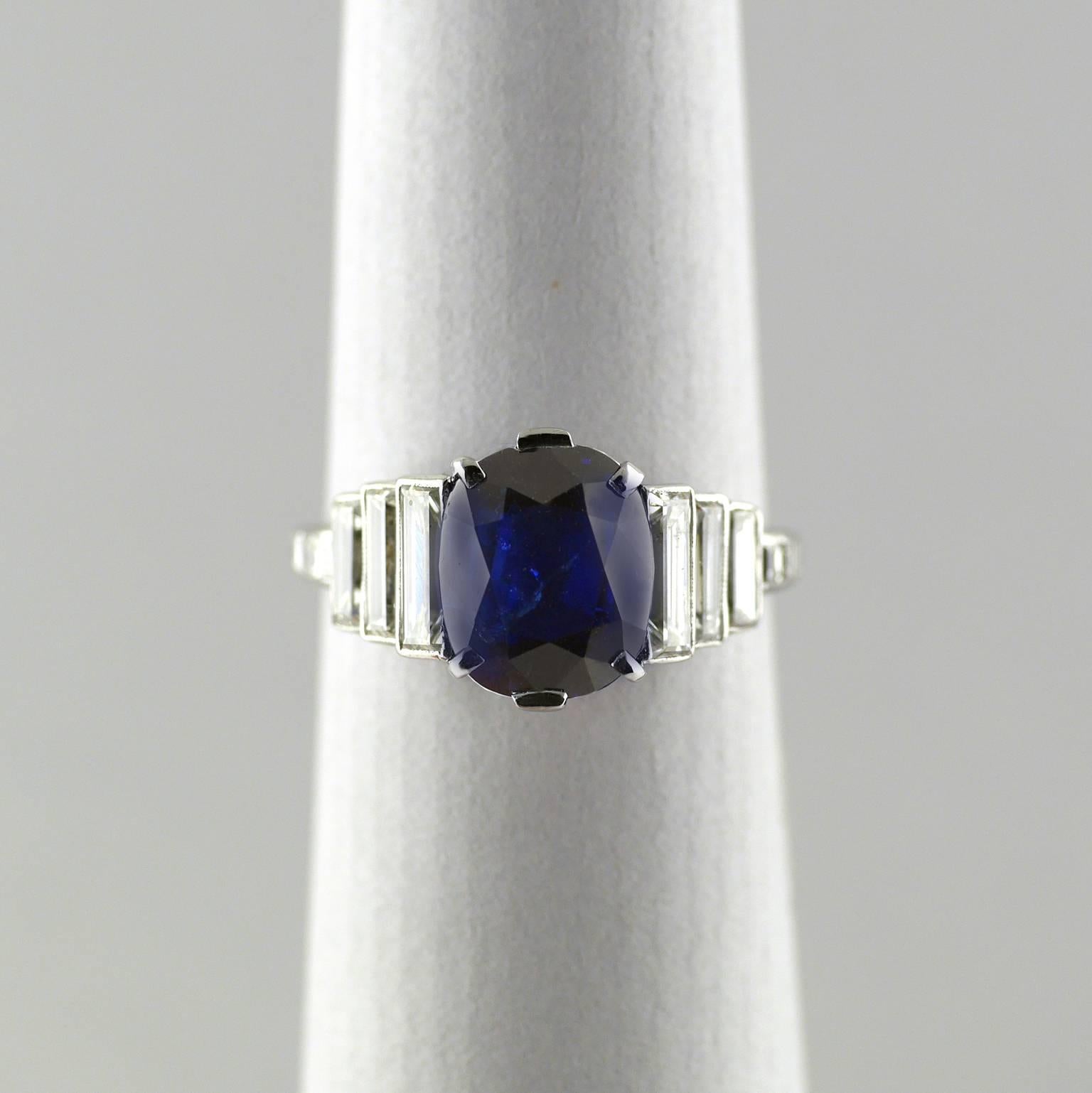 2.99 carat Cushion Cut Certified Untreated Sapphire Platinum Art Deco Ring 2