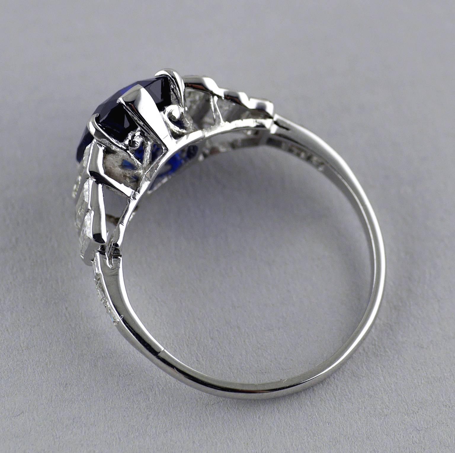 Women's 2.99 carat Cushion Cut Certified Untreated Sapphire Platinum Art Deco Ring
