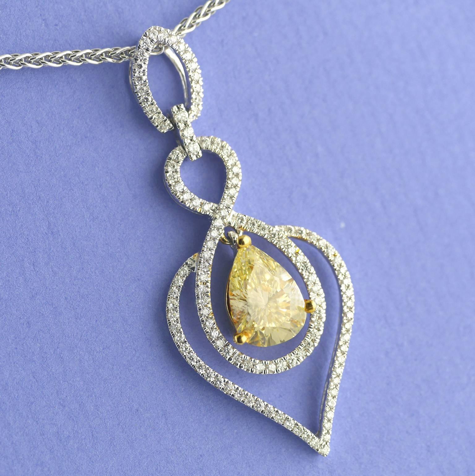 Modern Certified 2.03 Carat Pear Shape Fancy Yellow Diamond Pendant, circa 1970
