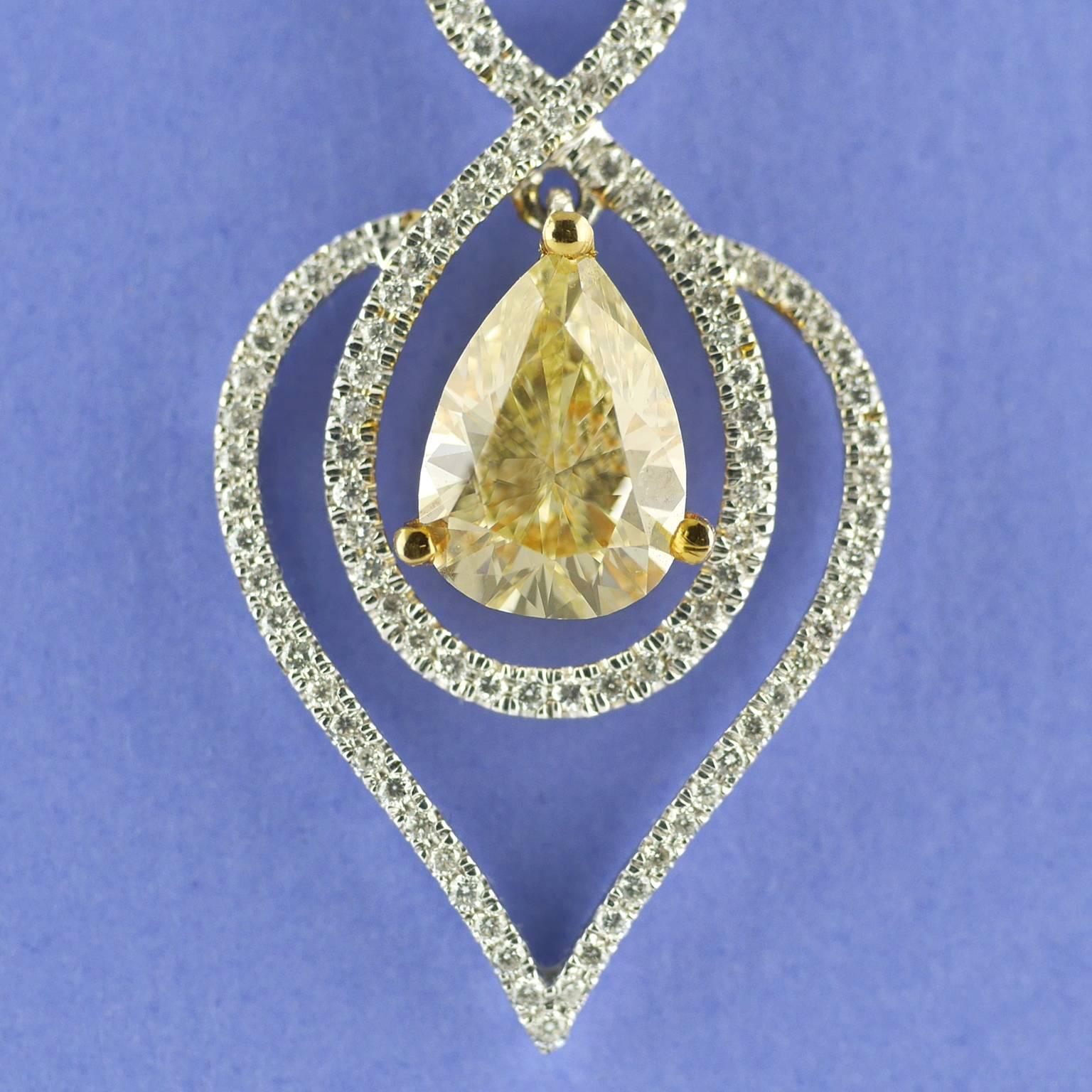 Pear Cut Certified 2.03 Carat Pear Shape Fancy Yellow Diamond Pendant, circa 1970