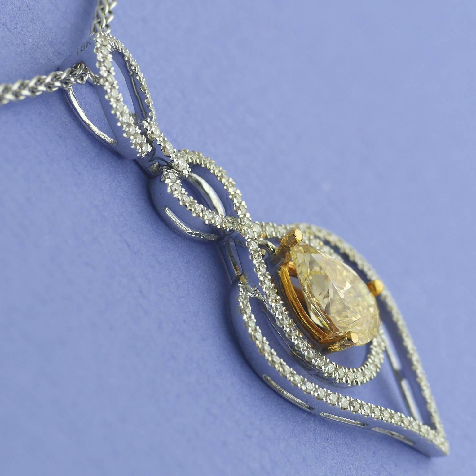 Women's Certified 2.03 Carat Pear Shape Fancy Yellow Diamond Pendant, circa 1970
