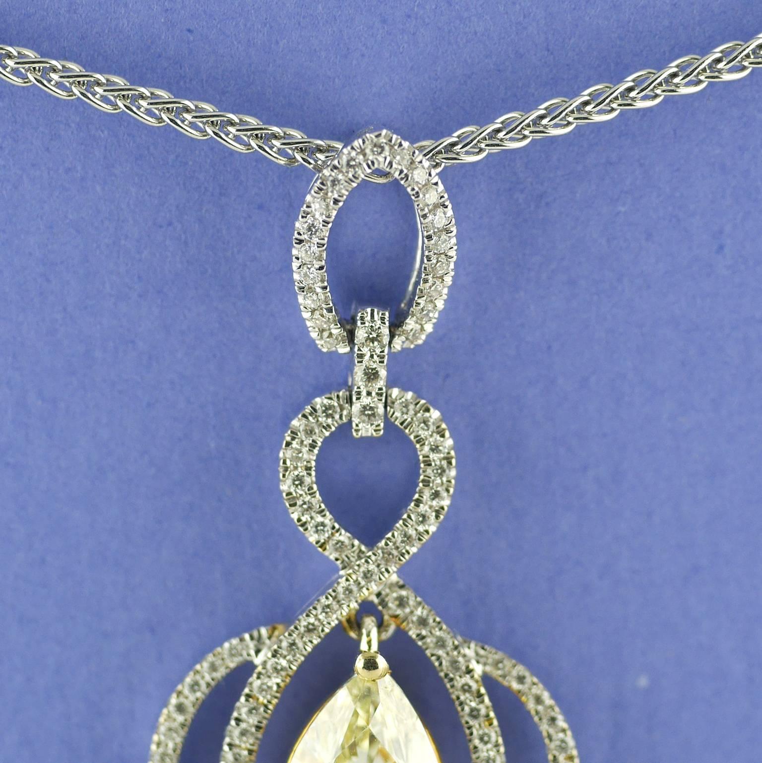 Certified 2.03 Carat Pear Shape Fancy Yellow Diamond Pendant, circa 1970 1