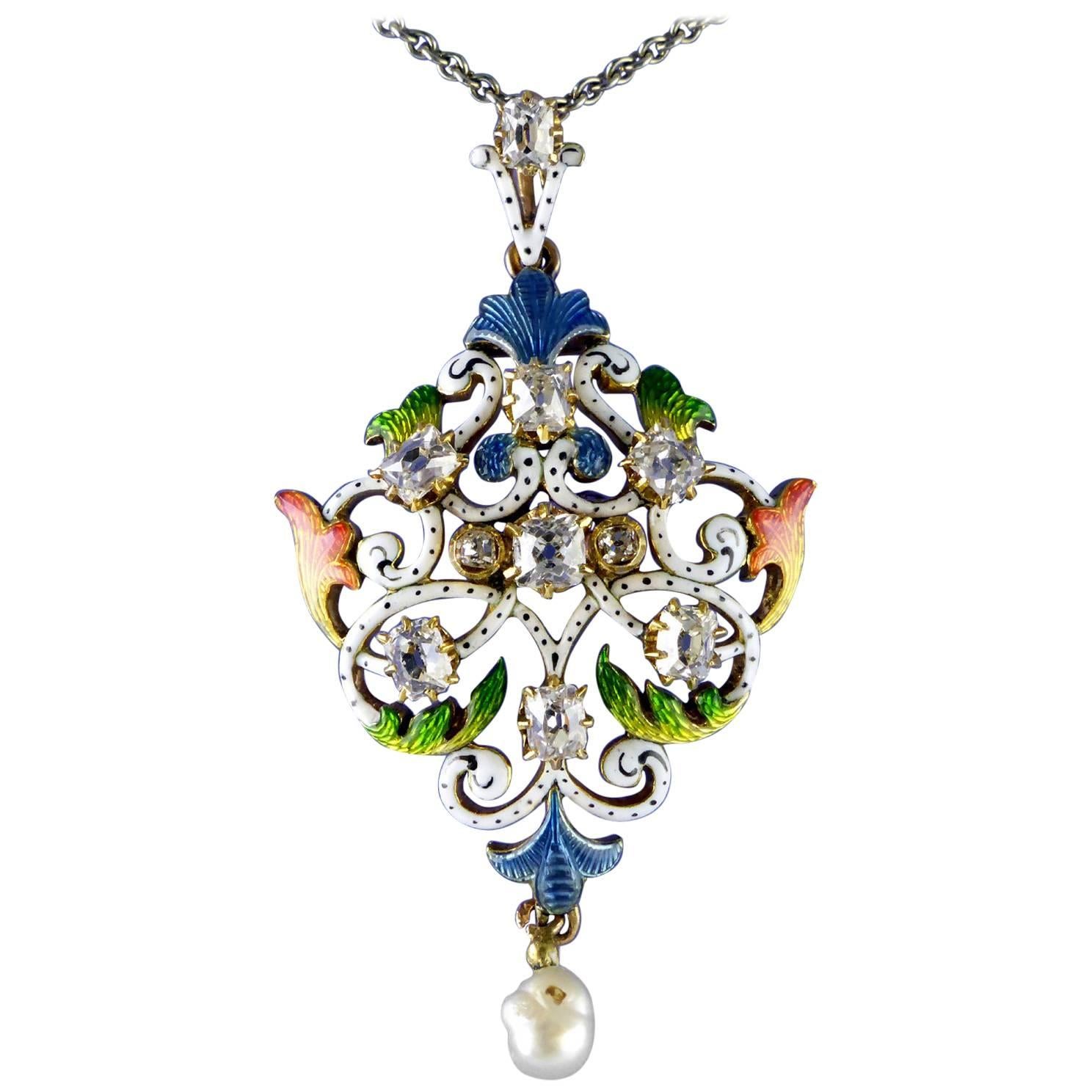 Art Nouveau Guilloché Enamel, Diamond, Pearl, Pendant, circa 1900 im Angebot