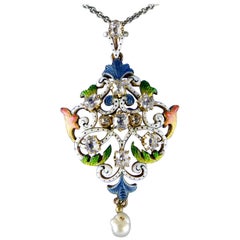 Antique Art Nouveau Guilloché Enamel, Diamond, Pearl, Pendant, circa 1900