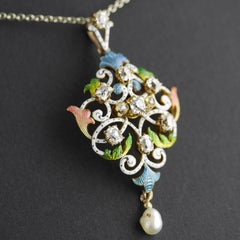 Art Nouveau Guilloché Enamel, Diamond, Pearl, Pendant, circa 1900