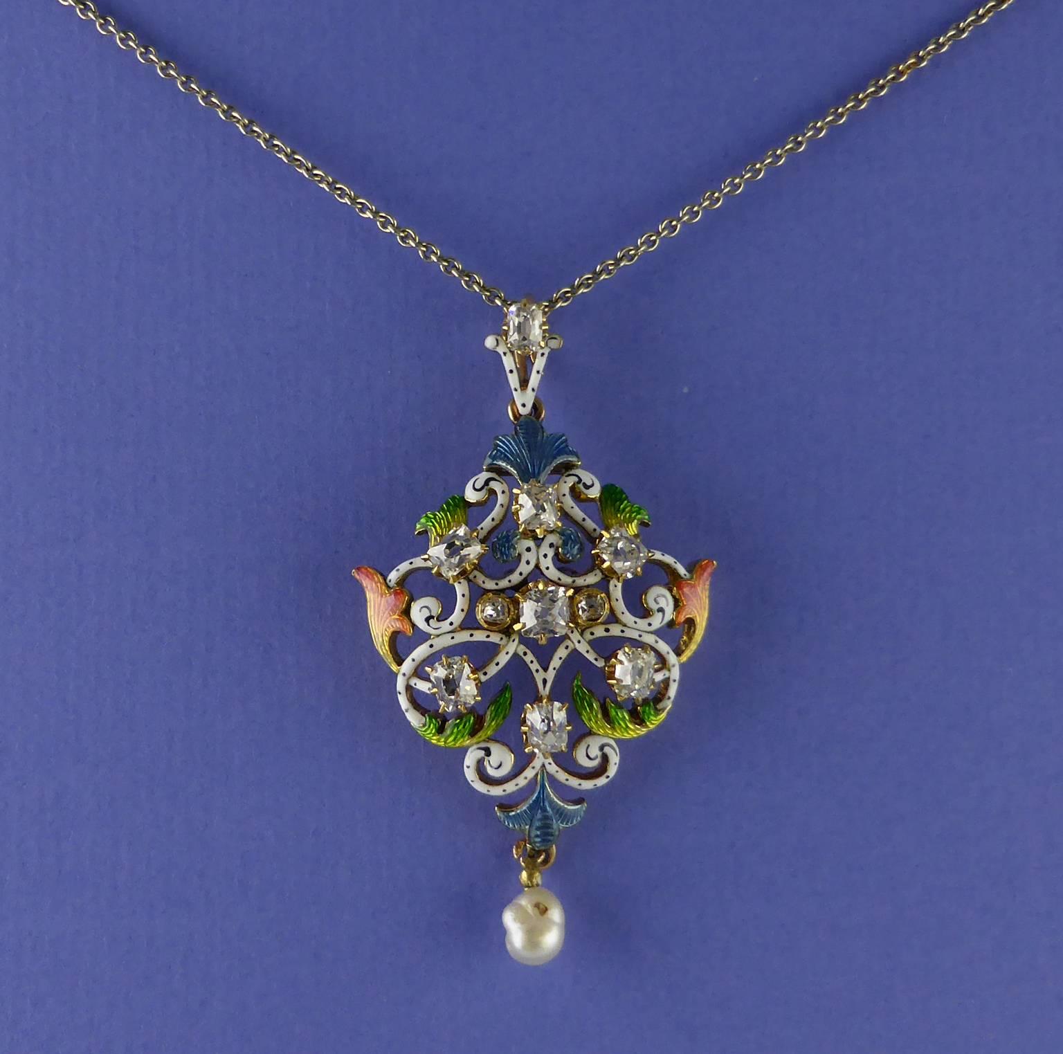 Women's Art Nouveau Guilloché Enamel, Diamond, Pearl, Pendant, circa 1900 For Sale