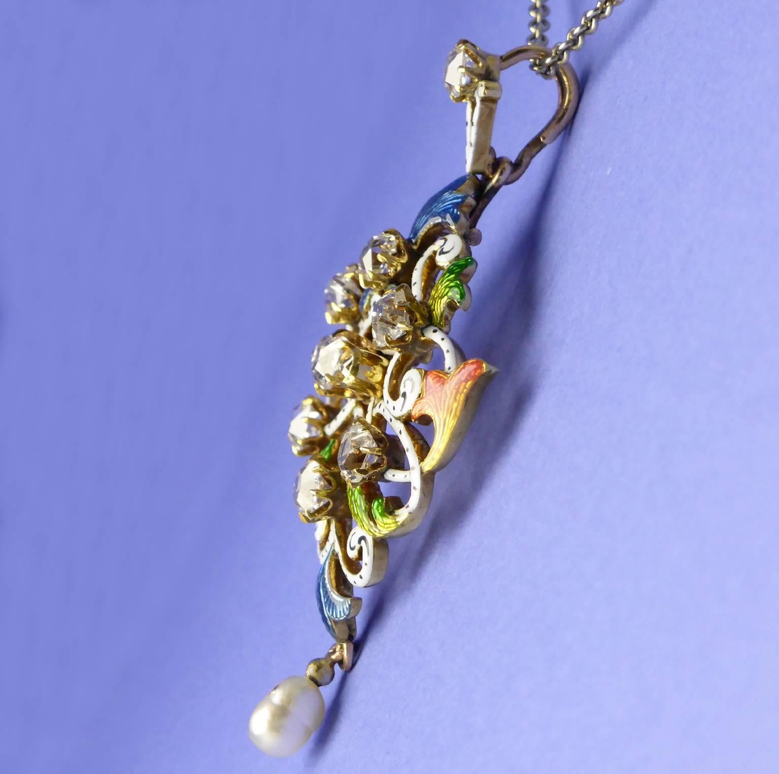 Art Nouveau Guilloché Enamel, Diamond, Pearl, Pendant, circa 1900 For Sale 2