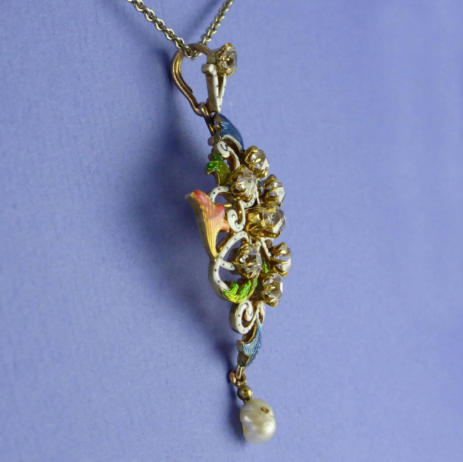 Art Nouveau Guilloché Enamel, Diamond, Pearl, Pendant, circa 1900 For Sale 3