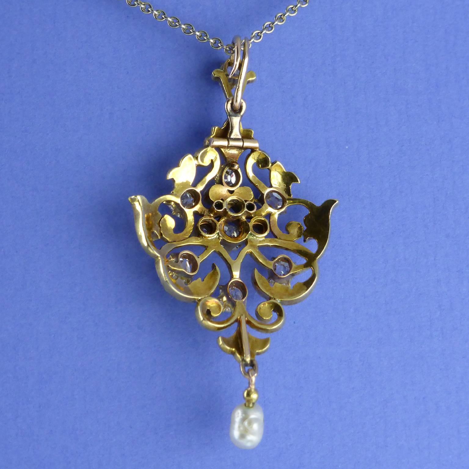 Art Nouveau Guilloché Enamel, Diamond, Pearl, Pendant, circa 1900 For Sale 4