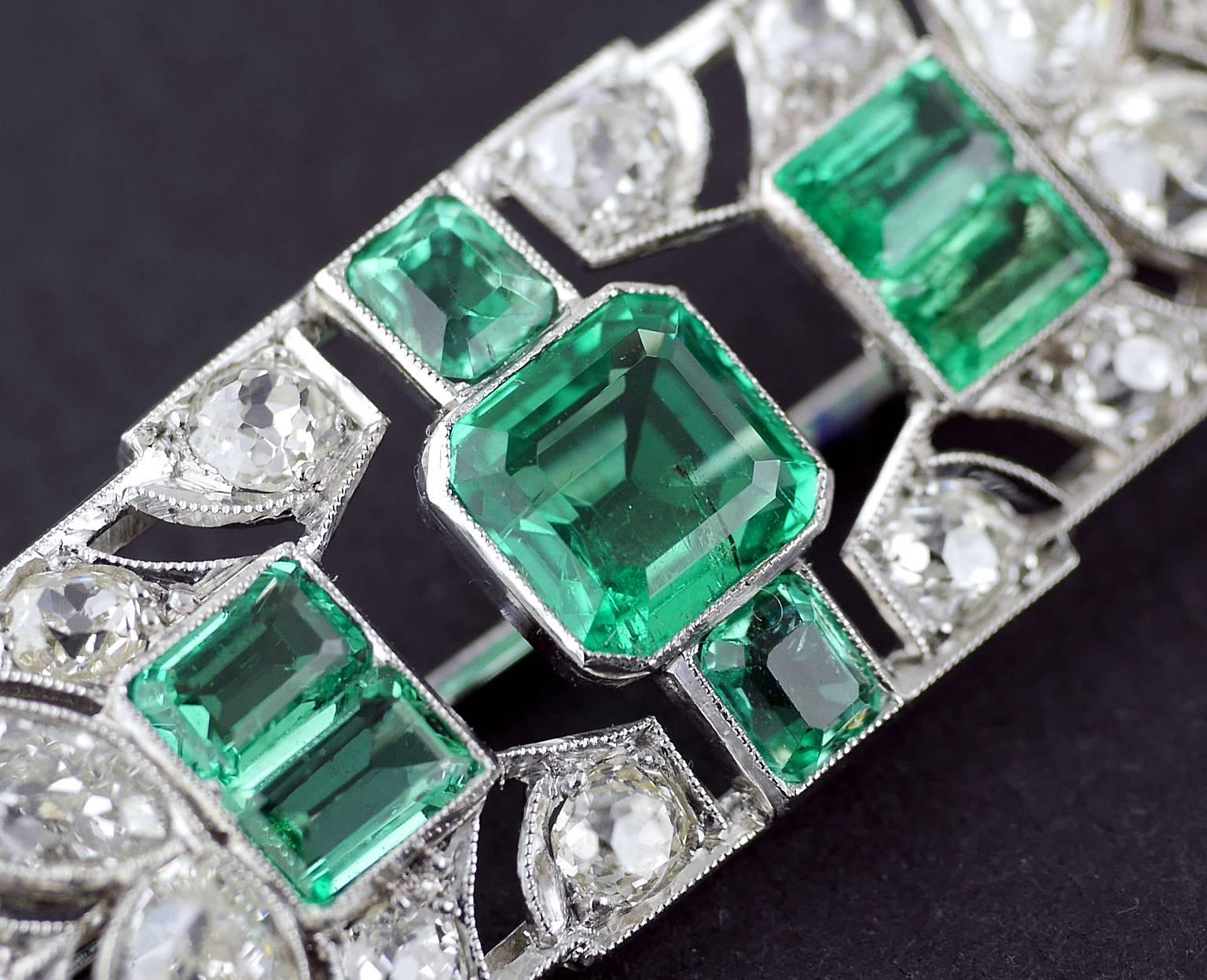 1.70 Carat Certified Emerald Diamond Platinum Brooch, circa 1930 3